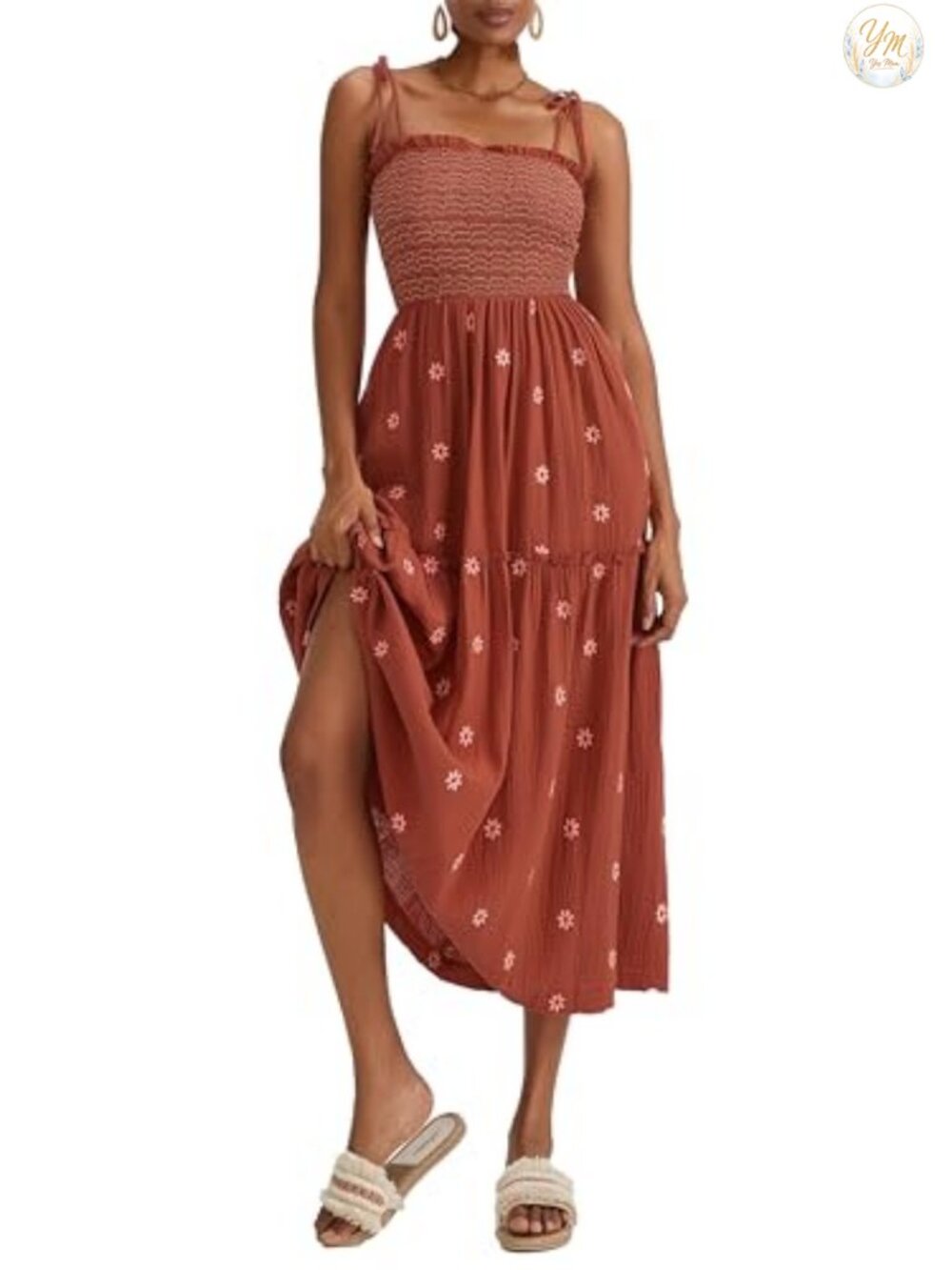 Women's Floral Embroidered Maxi Dress Boho Sleeveless Smocked with Pockets